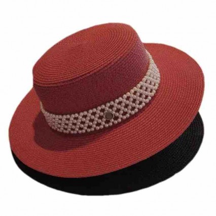 chic fashion red paper straw beach fedora trilby sun hat for women outdoor UV protection flat top boater hat with pearls