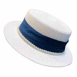 fashion chic women ladies Sun Hat flat top wide Brim boater with pearls dress beach fedora hats for women