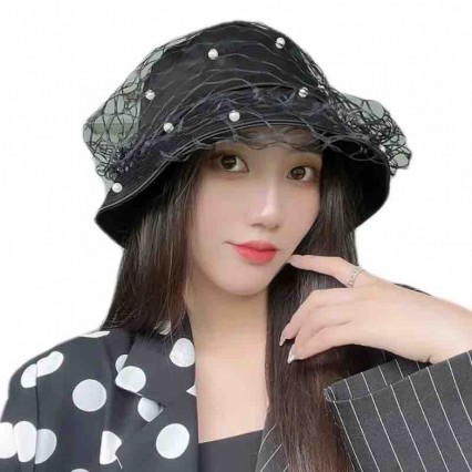 fashion chic Women lady packable pearls mesh dress satin bucket hat Travel sun hats