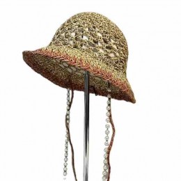 luxury fedora hats for women beach crochet straw cloche Hats Upf50+ UV protection wide brim sun hat with pearl chain