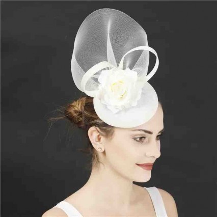 women ladies Sinamay Fascinator small white church hats Kentucky Derby Hat mesh floral Wedding cocktail royal party pillbox hat