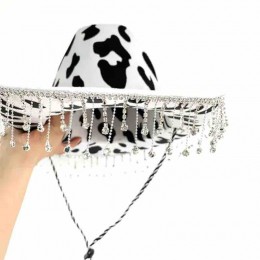 new Adult Size Cow Print White/Black-for Western Theme Wild West Party Cowboy Hat with rhinestone tassels