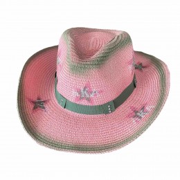 new fashion chic pink stars printed paper Straw cowgirl hat beach UPF 50+UV protection sun hat women woman cowboy hat