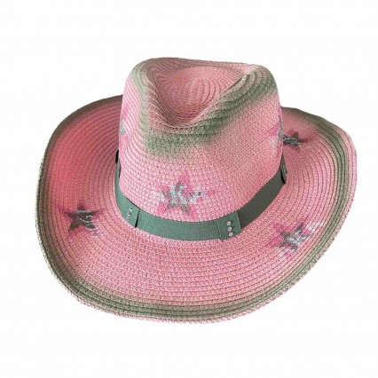 new fashion chic pink stars printed paper Straw cowgirl hat beach UPF 50+UV protection sun hat women woman cowboy hat